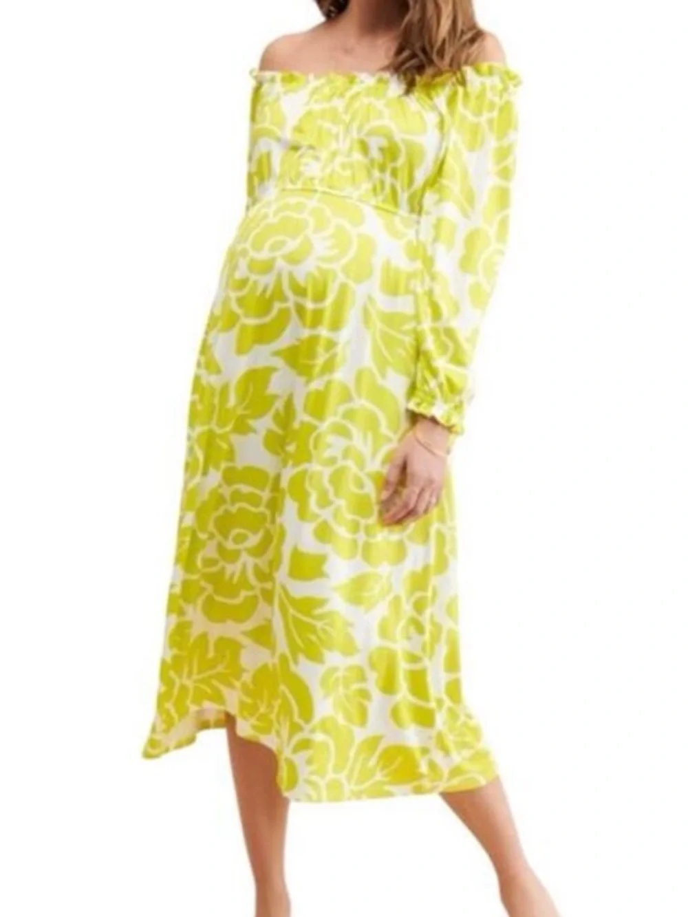 Hutch maternity off shoulder Lime and White Floral Midi Dress 38415